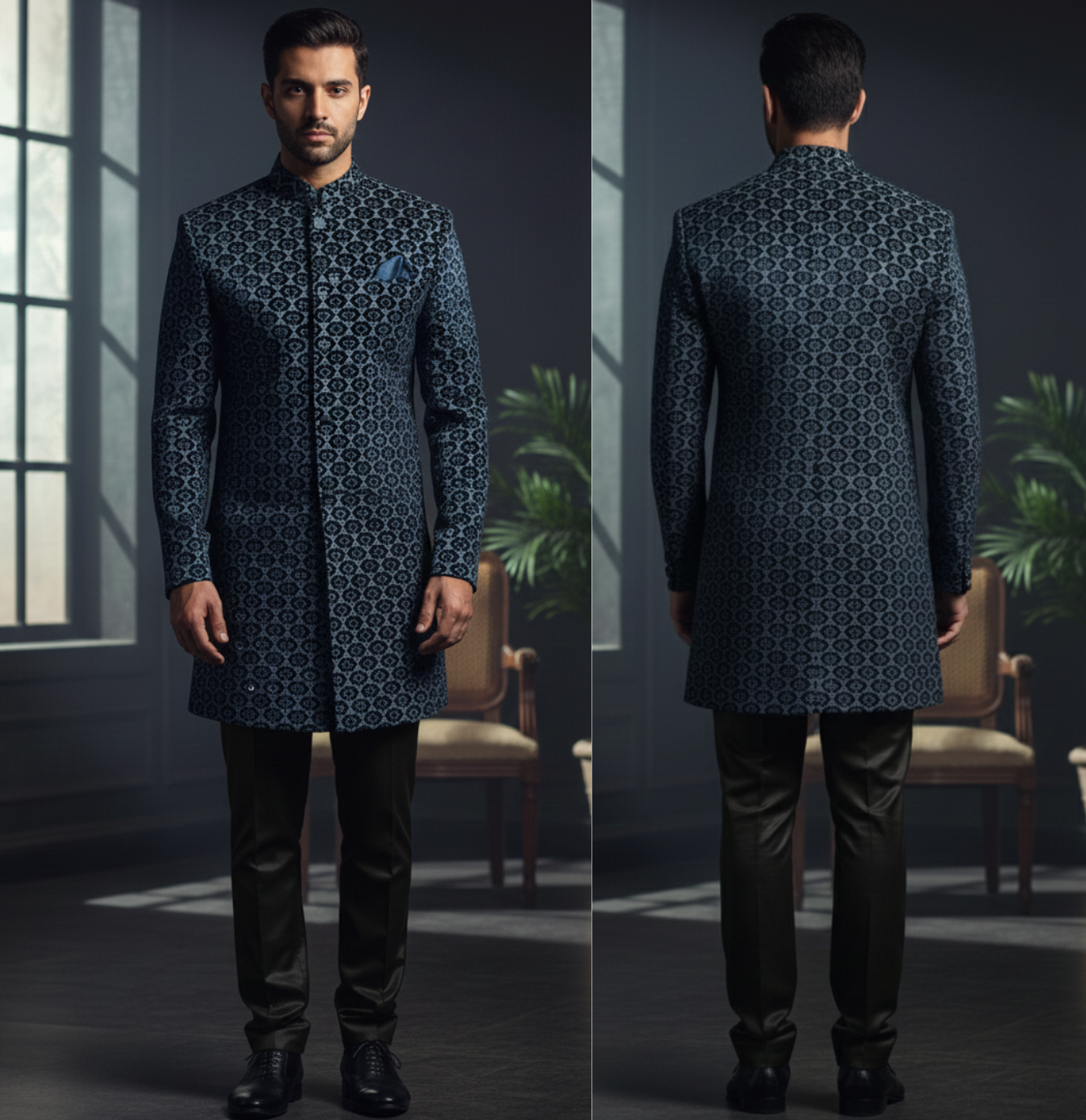 Premium Metallic Blue Velvet Fabric | Designer Geometric Embossed Velvet | Soft Luxury Velvet for Sherwani, Blazers & Festive Wear