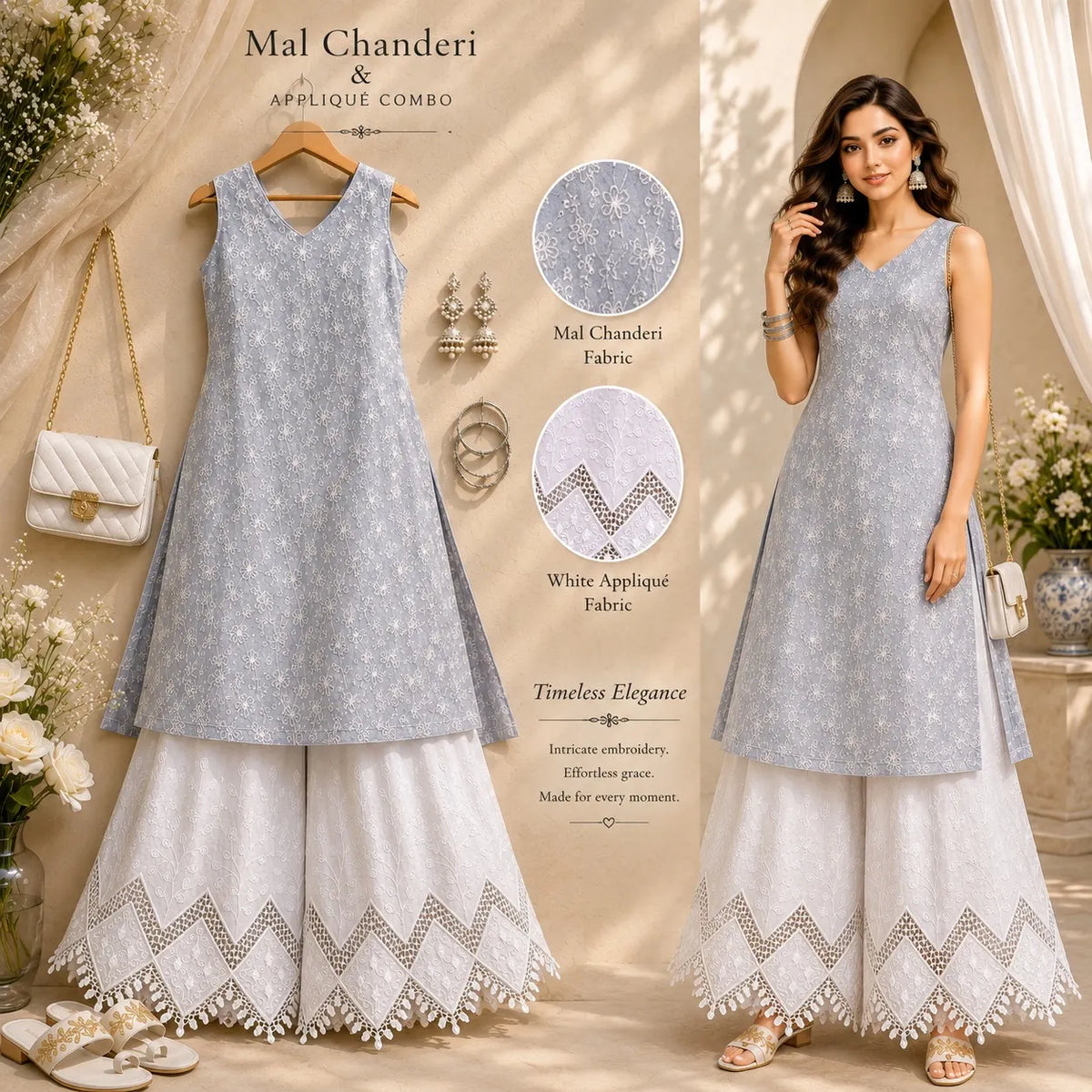 Grey Mal Chanderi fabric with white floral embroidery and white cotton applique fabric combo, premium kurti and palazzo dress material for ethnic wear, festive outfits, designer suits and women's clothing.