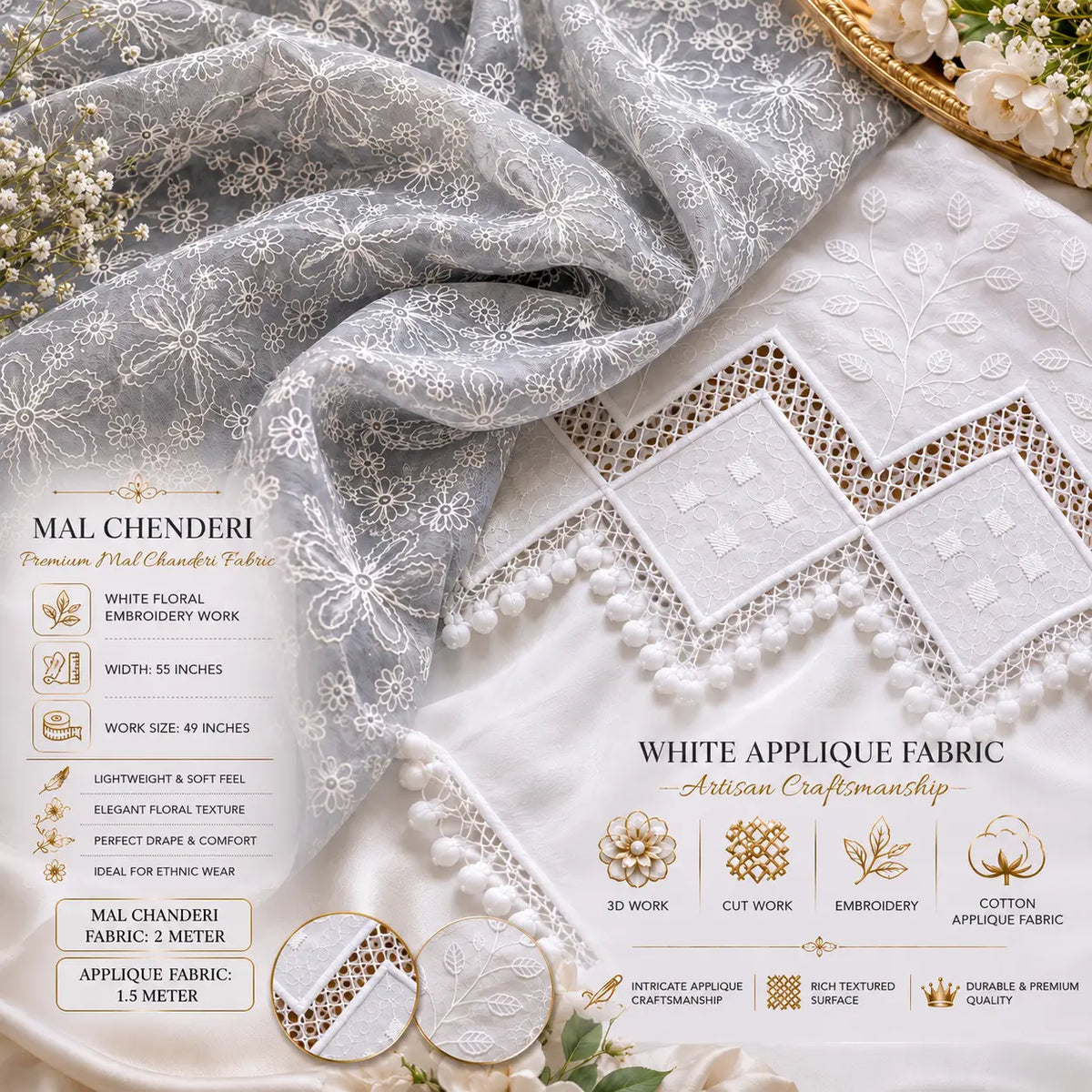 Grey Mal Chanderi fabric with white floral embroidery and white cotton applique fabric combo, premium ethnic dress material for kurti, palazzo, salwar suit, dupatta, festive wear and designer outfit making.