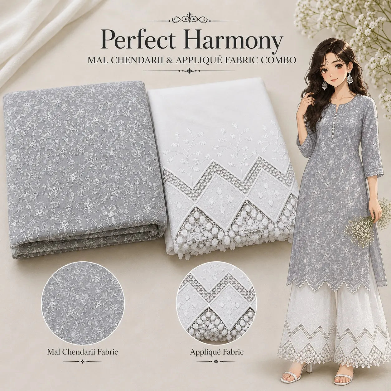 Grey Mal Chanderi fabric with white floral embroidery paired with white cotton applique fabric featuring cutwork lace border, premium unstitched dress material for kurti, salwar suit, palazzo, ethnic wear, festive outfits and designer women's clothing.