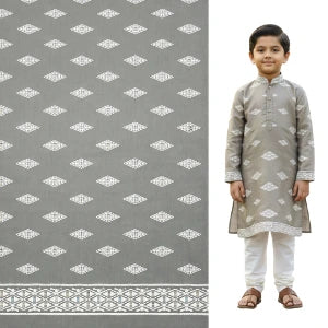 grey Roman silk kurta fabric with white mirror work and embroidery — soft festive material.