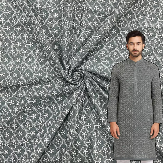 Grey pure cotton lakhnavi embroidered fabric for kurta, suit and festive wear