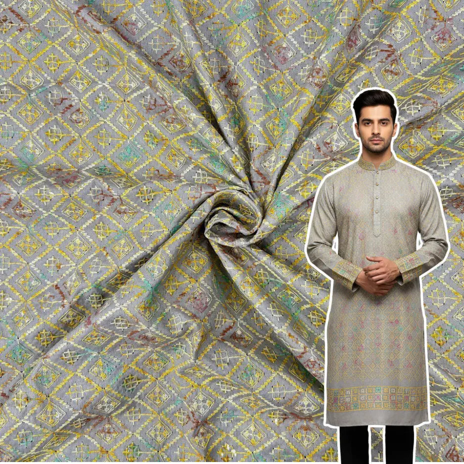 Pastel digital print rayon viscose kurta fabric with embroidery and sequin work for festive menswear