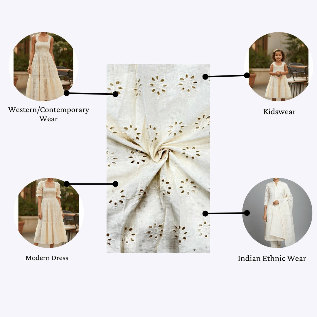 White dyeable hakoba eyelet cotton fabric suitable for dresses, kurtas, and kidswear.