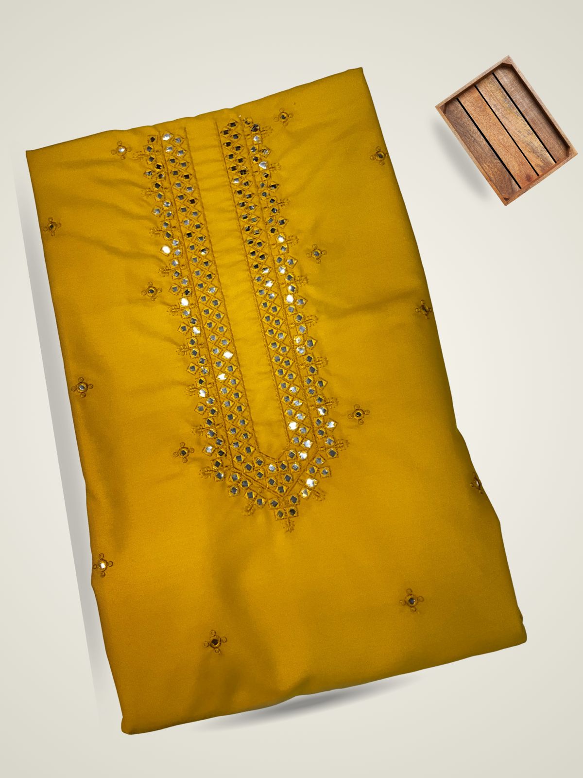 Deep mustard yellow unstitched kurta fabric with dense mirror work. Haldi Special, Festive Special ethnic material.