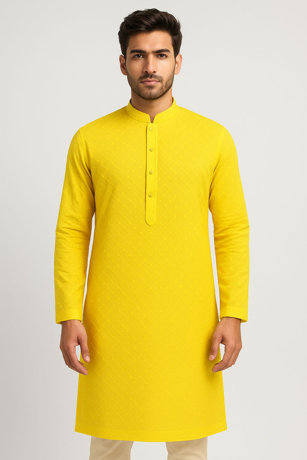 Premium lemon yellow pure cotton embroidered fabric for festive season special ethnic wear and haldi kurta.

