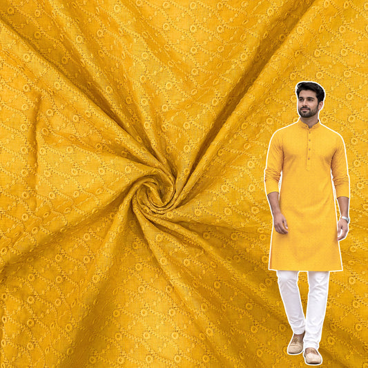Mustard pure cotton pagdi design embroidered fabric for haldi special festive kurta and ethnic wear