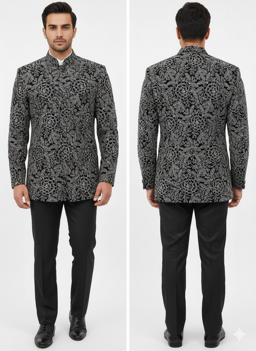Designer-quality Winter wear velvet fabric with intricate gold embroidery and high-end sheen, sold by the meter.