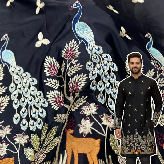 Premium black malai satin kurta fabric with heavy peacock daman embroidery, luxury wedding and festive wear fabric, 55 inch width.
