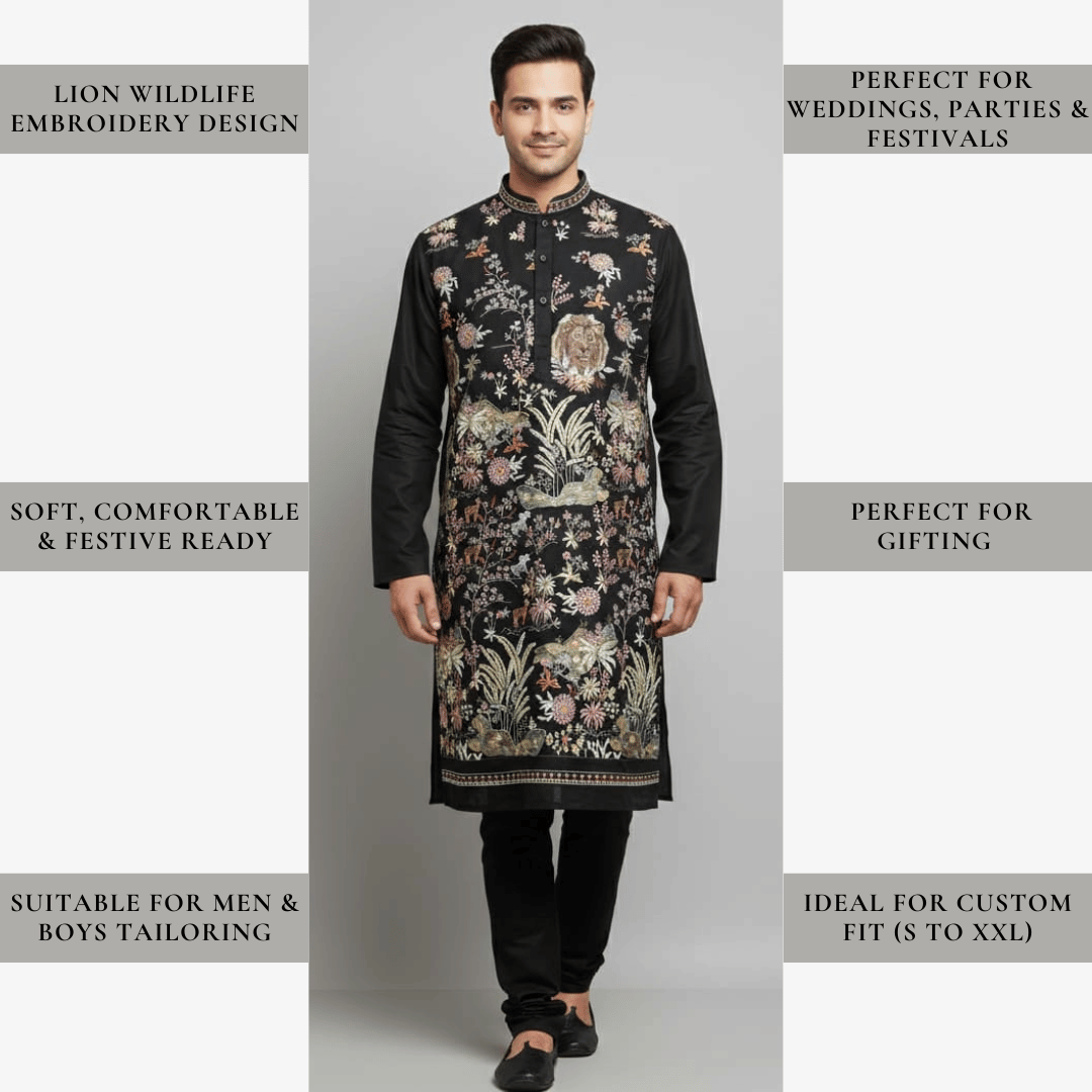 Premium black roman silk kurta fabric featuring lion and wildlife embroidery, unstitched set with embroidered front and matching plain back.