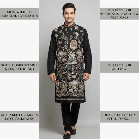 Premium black roman silk kurta fabric featuring lion and wildlife embroidery, unstitched set with embroidered front and matching plain back.