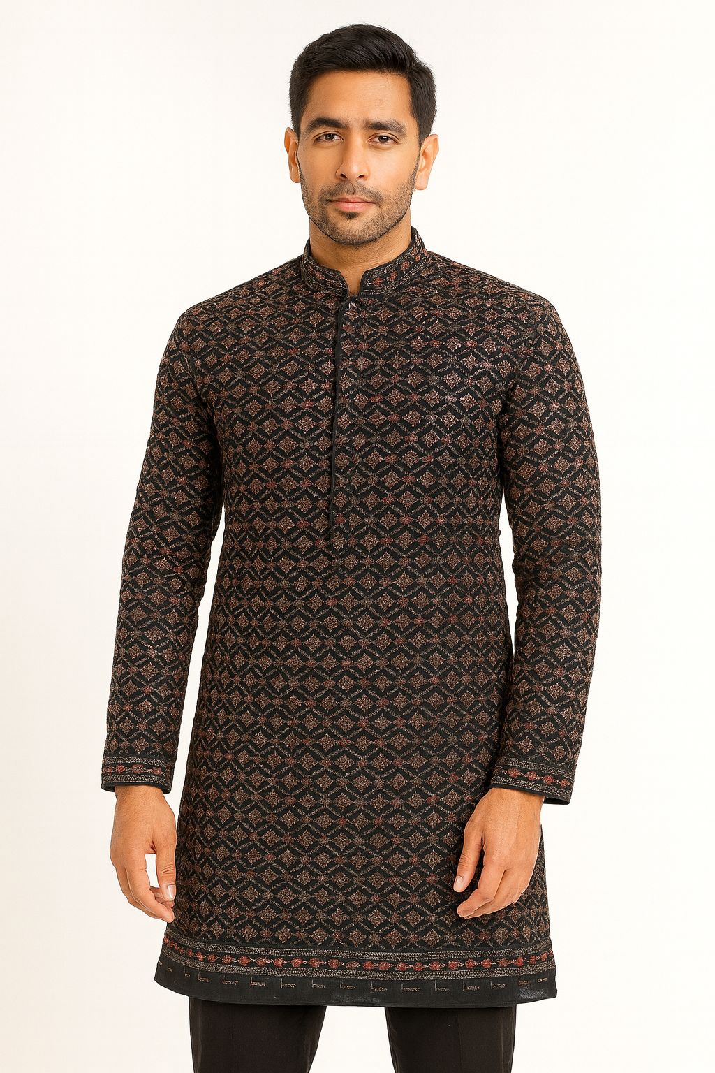 Premium black rayon viscose festive kurta fabric with sequin work for traditional menswear

