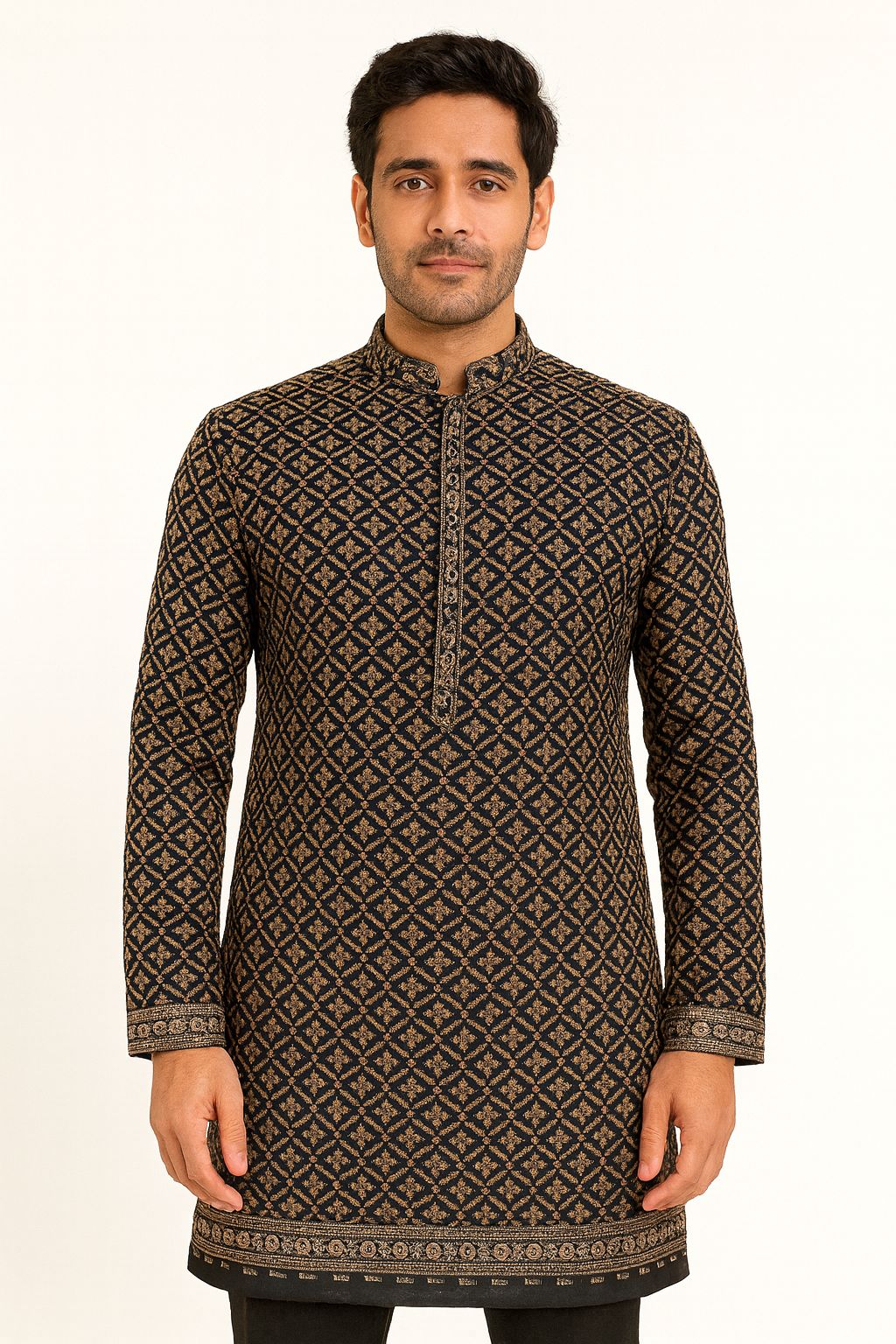 Premium black rayon viscose festive kurta fabric with sequin work for traditional menswear outfits


