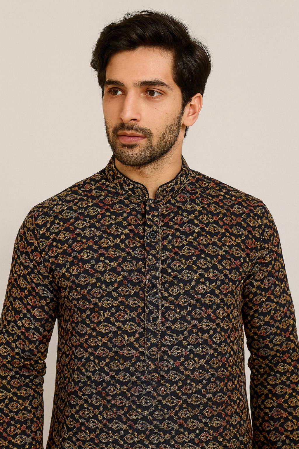 Black rayon viscose sequin kurta fabric for men