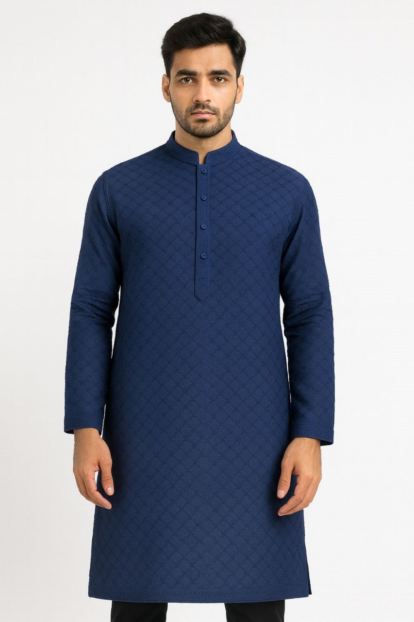 Cotton Men’s Kurta Fabric – Pagdi Design Embroidery (58” Width, Pastel   Blue )