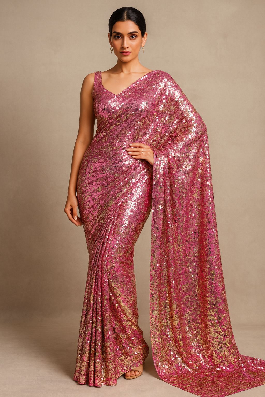Shimmering pink and gold reversible sequin textile, great for custom apparel that requires movement and glamour.