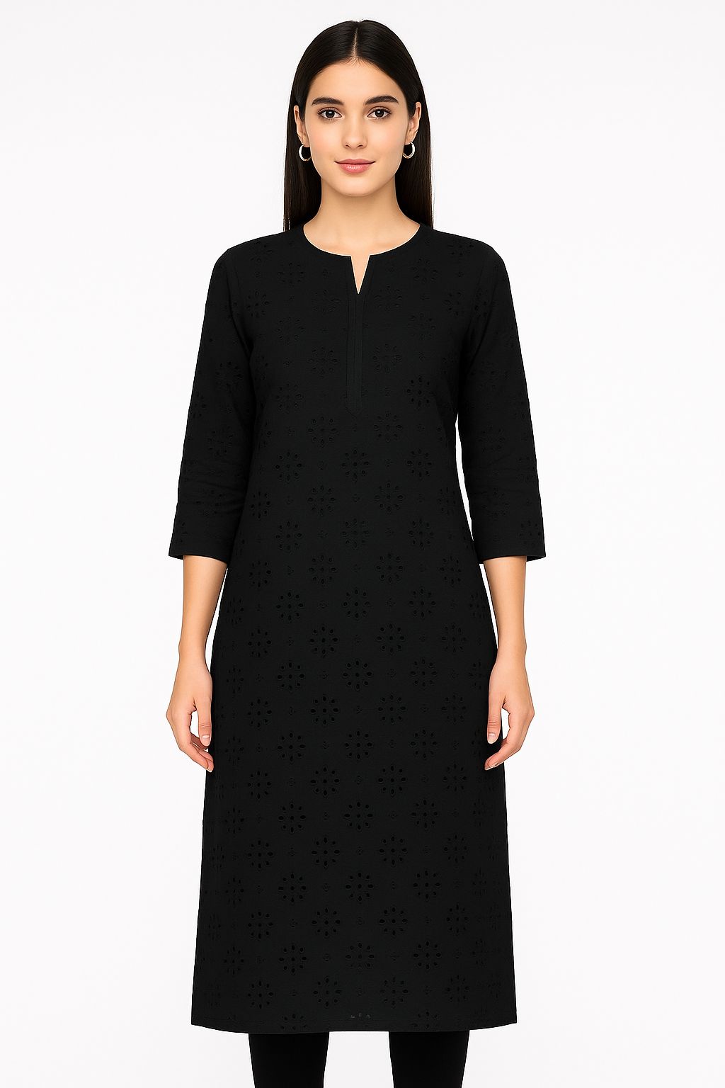Soothing black embroidered cotton textile featuring a fresh floral cutwork design, ideal for stylish Indo-Western and traditional outfits.