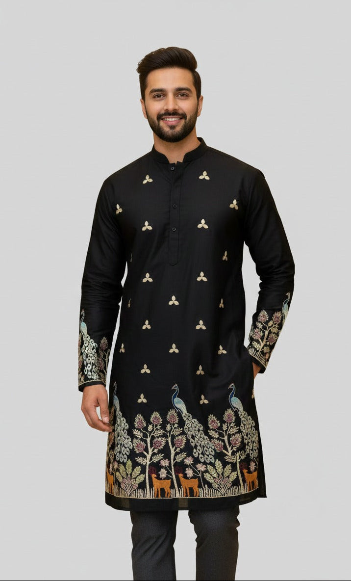Imperial black malai satin fabric with intricate peacock and floral daman embroidery, perfect for groom wear, festive kurtas and royal occasions.