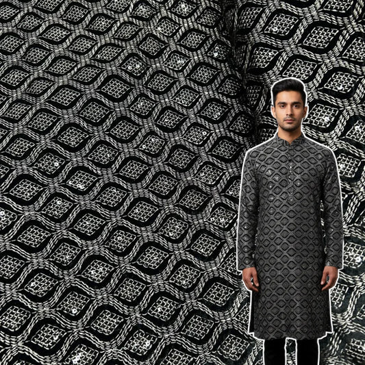 Luxury grey velvet fabric featuring dense geometric thread embroidery and shimmering sequins, ideal for sherwani, waistcoat, Indo-western jackets and bridal wear.