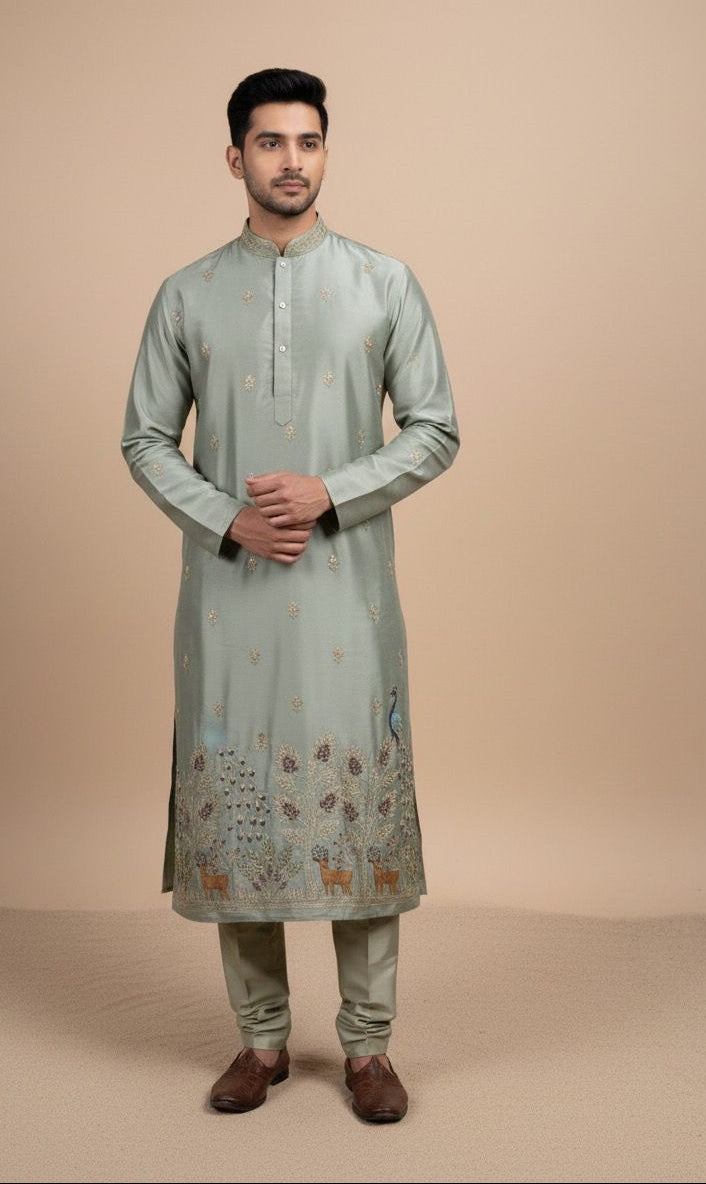 Imperial pista green malai satin fabric with intricate peacock daman embroidery and fine threadwork, perfect for groom wear and festive kurtas.