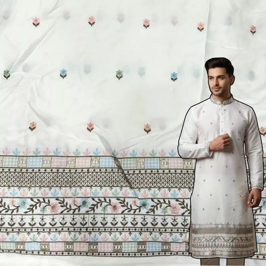 Ivory embroidered malai satin kurta fabric for men with elegant daman border work designed for festive and wedding wear