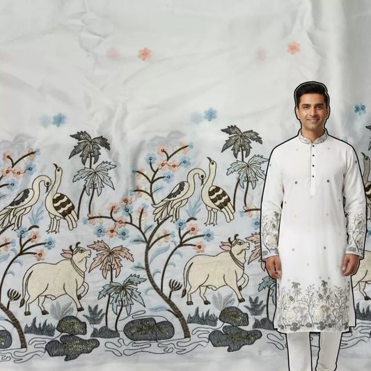 Ivory pastel embroidered kurta fabric in malai satin featuring cow and bird design with daman border for wedding and festive wear