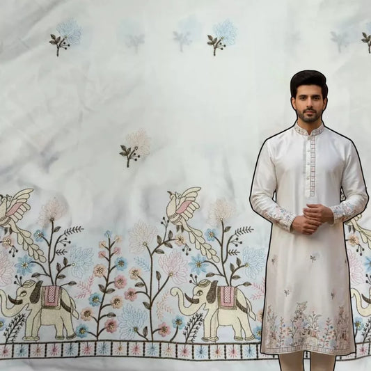 Ivory royal pastel embroidered kurta fabric in malai satin with daman border work designed for festive and special occasions