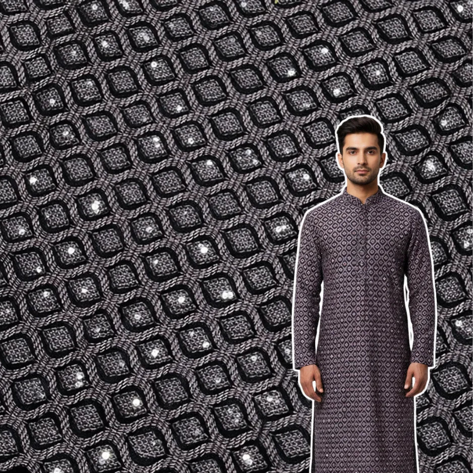 Lavender velvet fabric with geometric sequin embroidery pattern, featuring heavy all-over stitched motifs on soft luxury velvet, ideal for sherwani, koti, kurti, anarkali and Indo-western outfits.