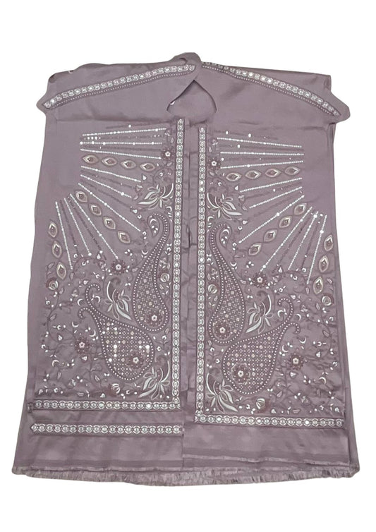 Men's ethnic kurta fabric in Lavender with heavy thread and sequin design. The pattern is split, suggesting a central open placket or jacket style.