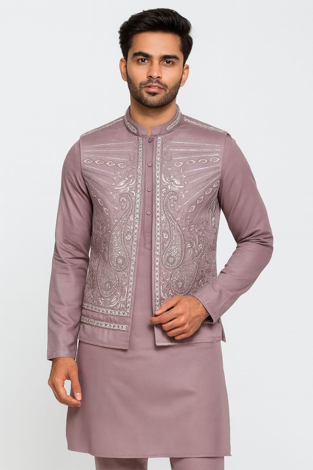 Lavender material featuring two large, mirror-image embroidered paisley designs. Embellished with scattered silver sequins and radiant fan patterns.