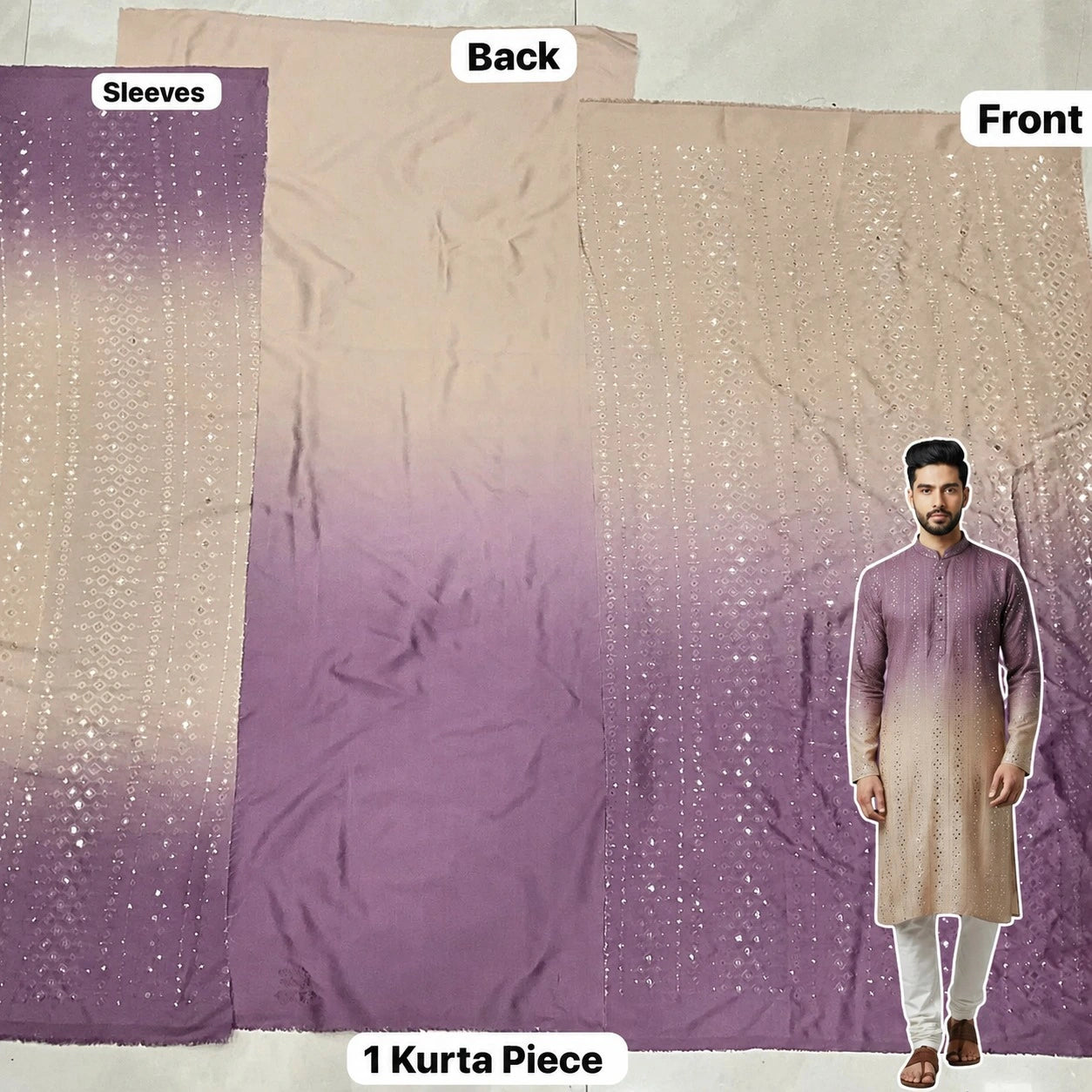 Wedding special fabric set. Lavender and beige ombre textile with sparkling sequin embellishment.