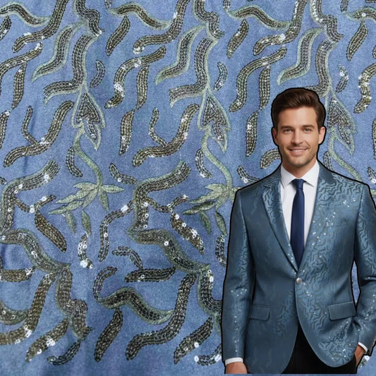 Heavy sequin embroidered TR satin fabric light navy blue for indo western jacket