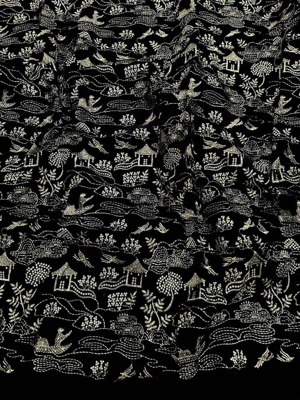 Black velvet with bright lime embroidery work – new arrival fabric for men’s ethnic fashion.