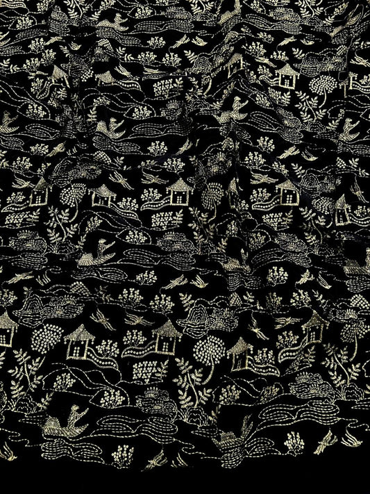 Black velvet with bright lime embroidery work – new arrival fabric for men’s ethnic fashion.