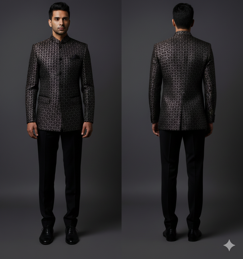 High-quality geometric velvet material in black and wine-purple for designer menswear and coat suit stitching.