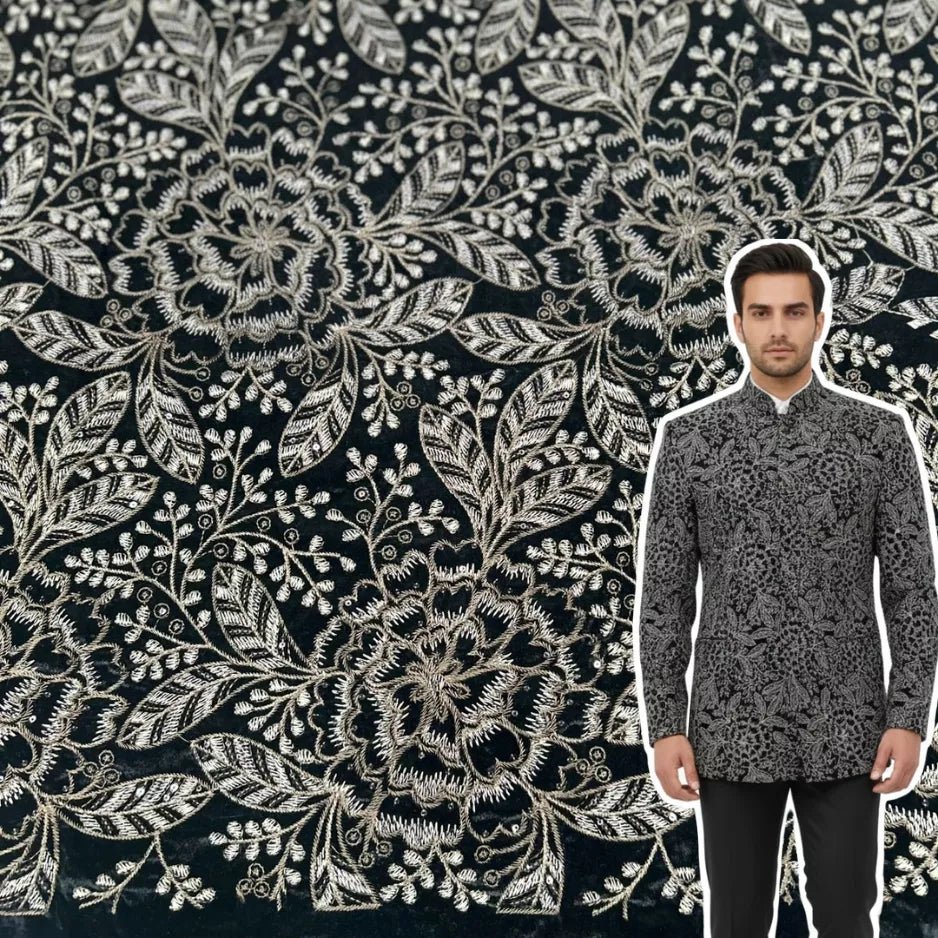 New design embroidered velvet material for Indian ethnic wear like lehenga, salwar kameez, or saree borders.