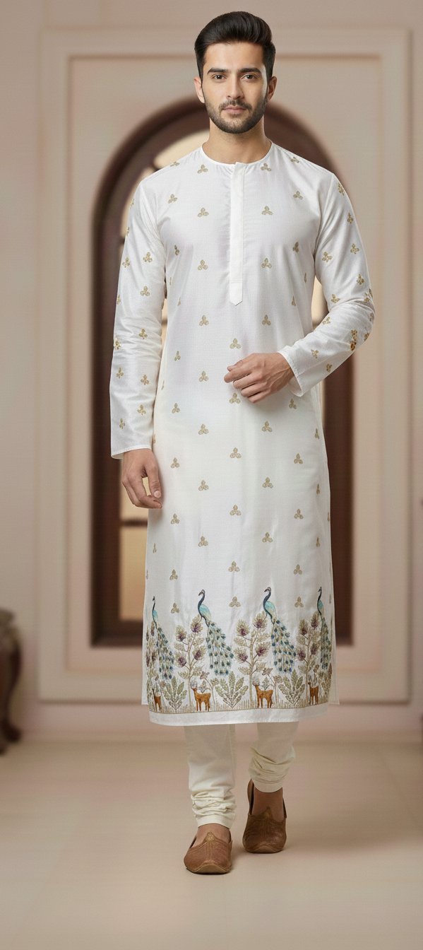 Luxury ivory malai satin fabric showcasing detailed peacock embroidery with gold sequin butti work across the body.