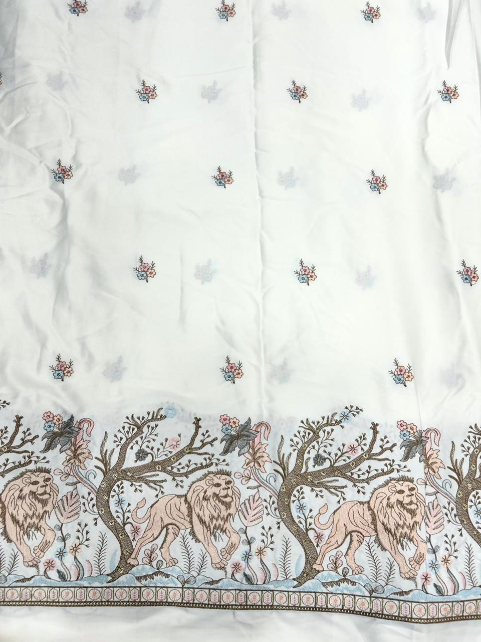 Luxury malai satin kurta fabric for men with ivory embroidery and royal lion border detail for wedding and traditional wear