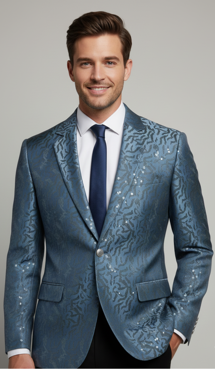 Sequin embroidered TR satin fabric light navy blue for koti blazer and party wear jackets