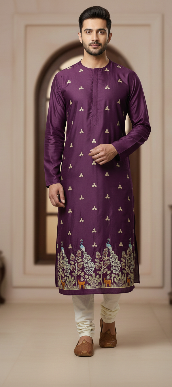 Luxury plum satin kurta fabric with intricate peacock daman embroidery and golden butti work for wedding wear