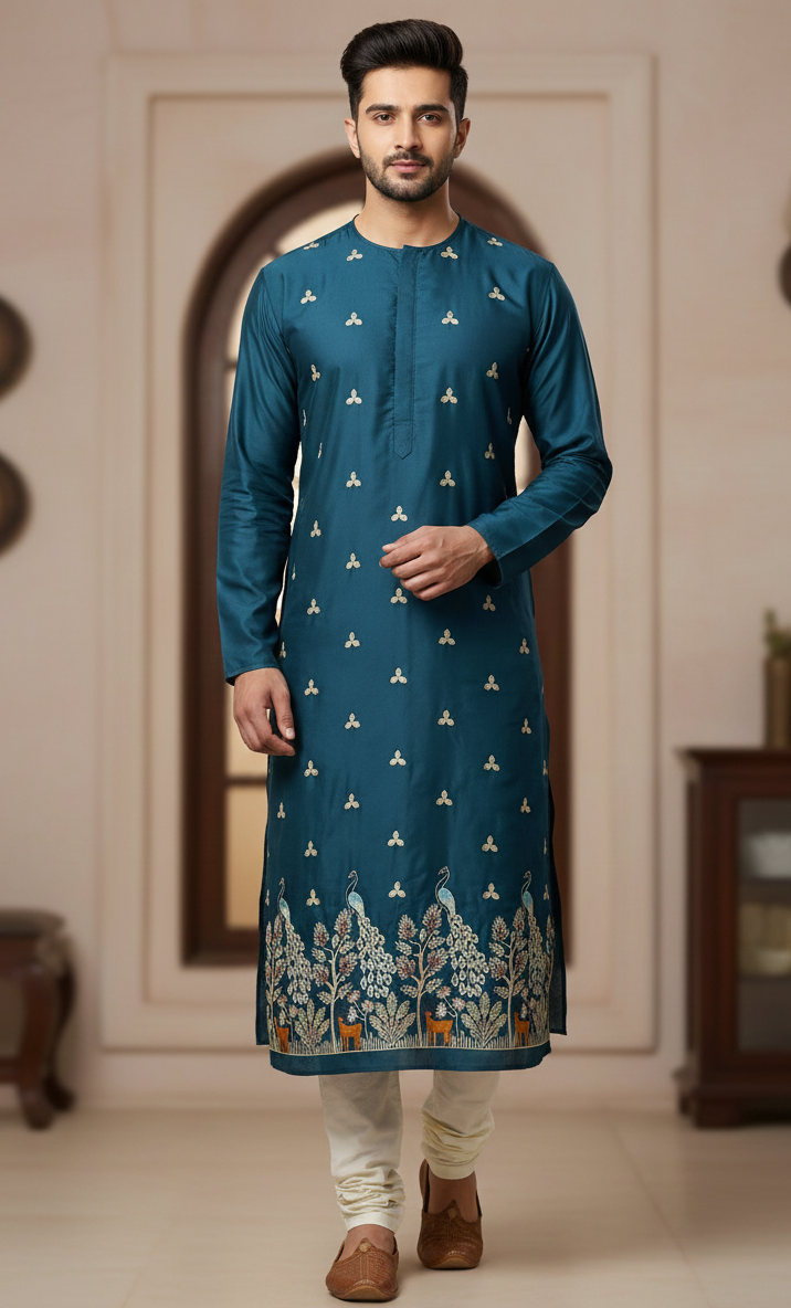 Luxury malai satin fabric with intricate peacock and nature-inspired daman embroidery, soft finish and rich festive appeal.