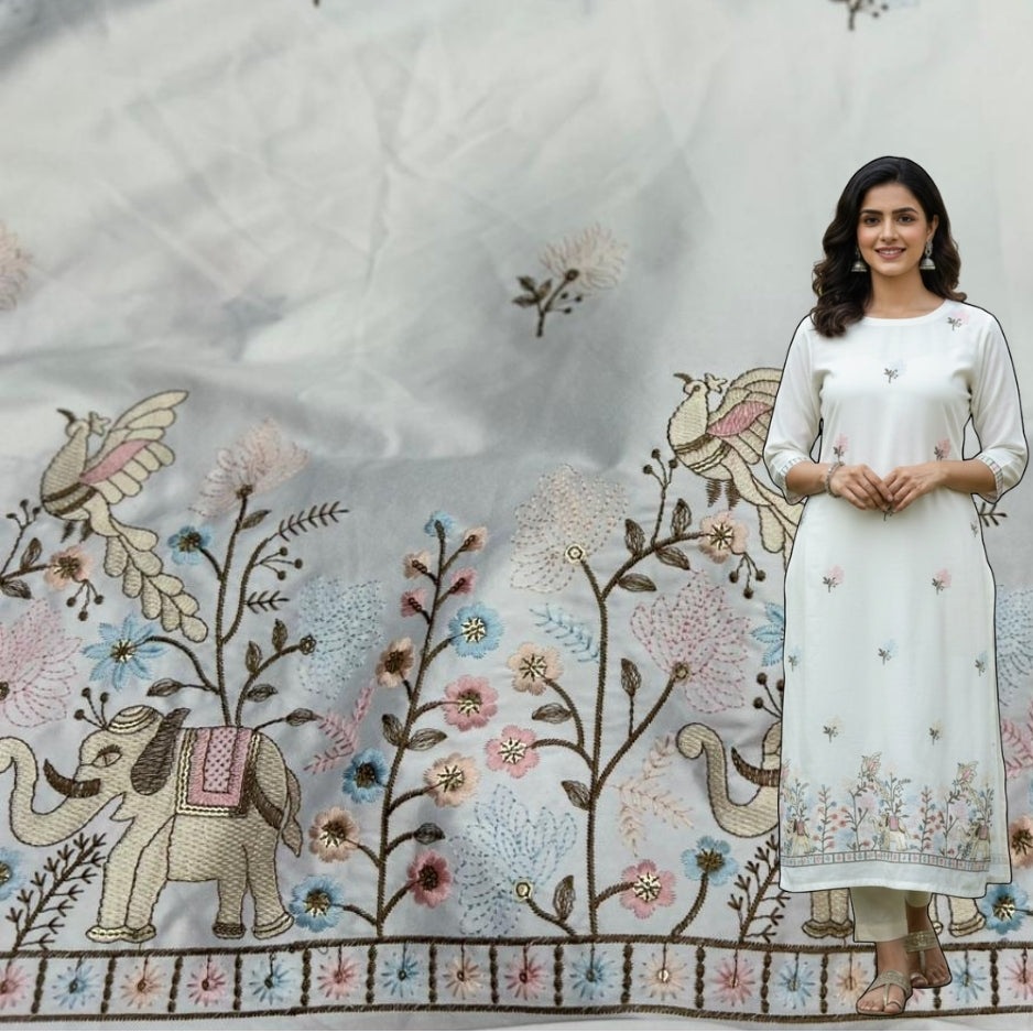 Premium white malai satin suit fabric for women with heavy embroidery, elephant daman border and floral butti work, 55 inch width