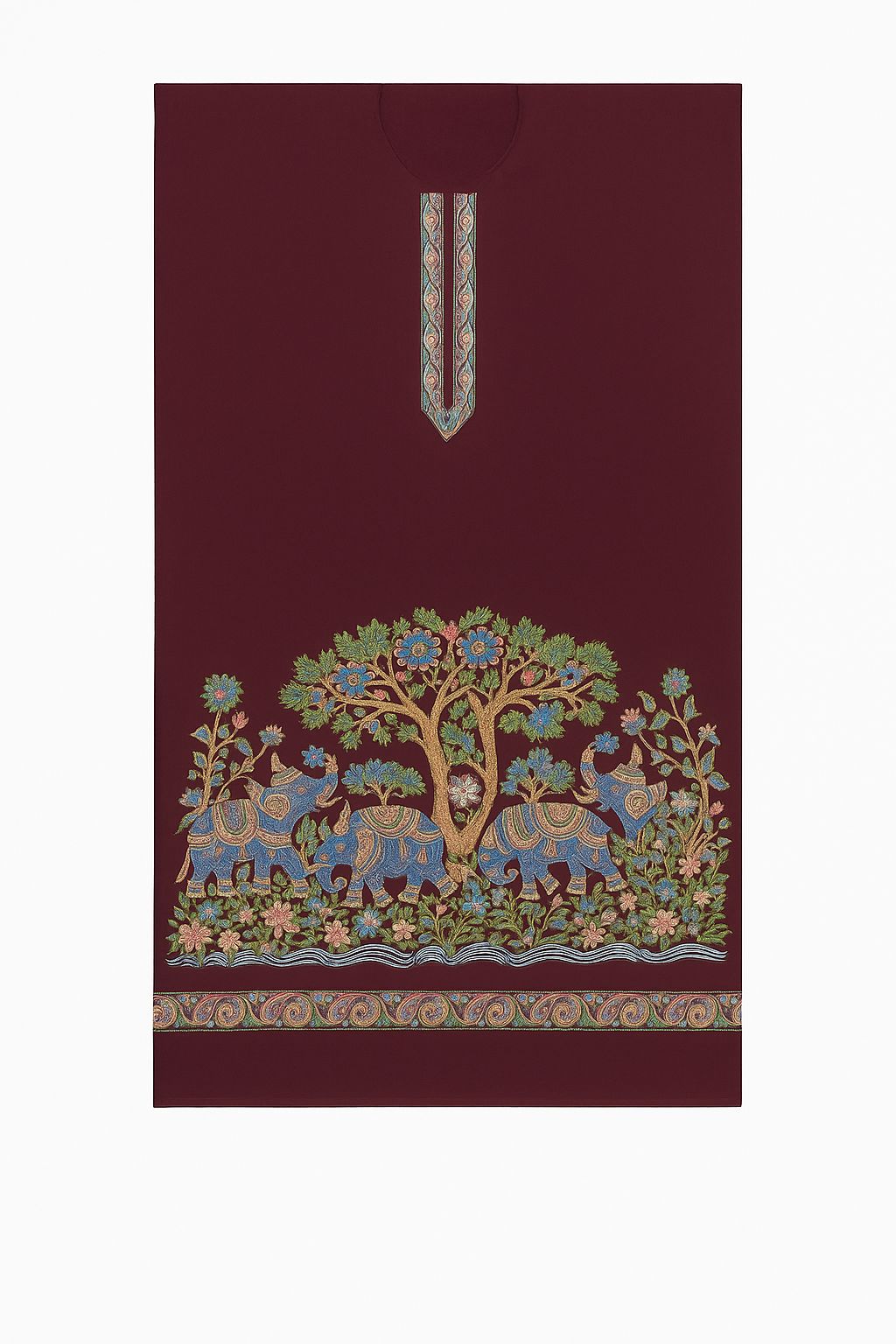 Deep maroon/wine red unstitched fabric with heavy, colorful bottom border embroidery. Features a detailed folk design of a tree, elephants, and florals.