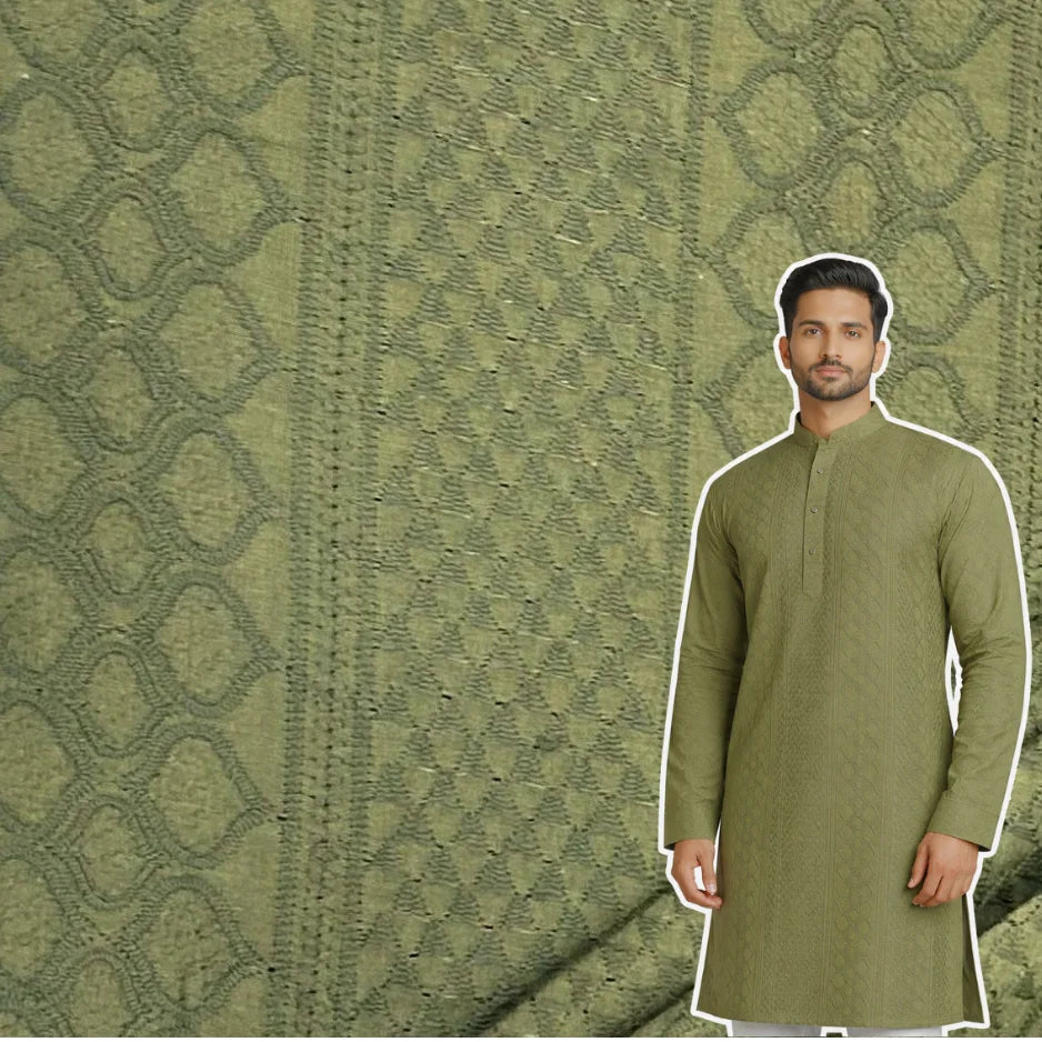 Textured olive green cotton Paataa fabric for men’s ethnic wear.