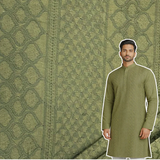 Textured olive green cotton Paataa fabric for men’s ethnic wear.