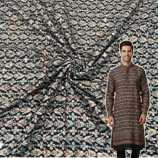 Premium black rayon viscose sequin kurta fabric for weddings, festive outfits and menswear