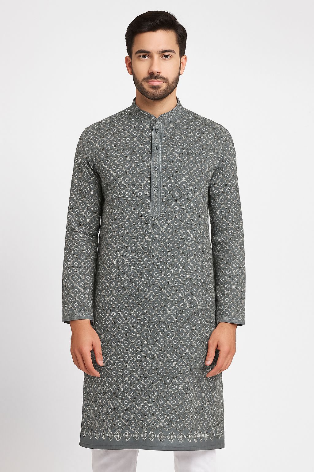 Premium grey pure cotton fabric with lakhnavi thread embroidery for ethnic and festive clothing
