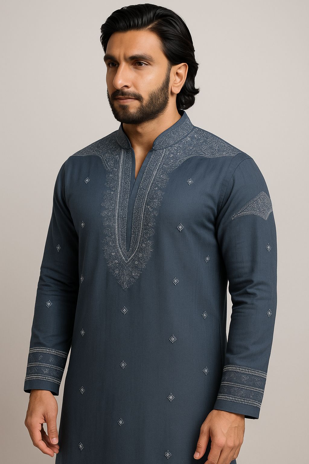 Designer men’s kurta pajama set material in grey with embroidered front, sleeves, and back motif.