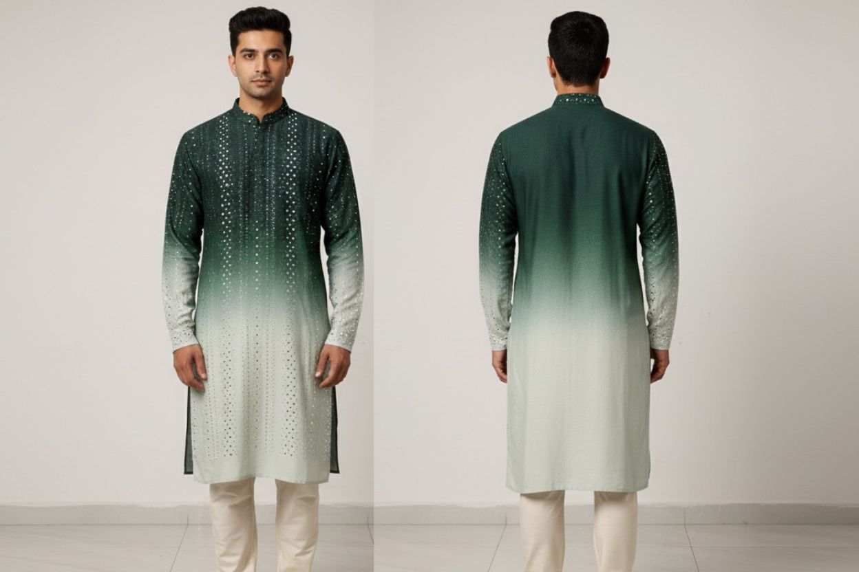 Wedding special kurta piece fabric. Gradient color material in green and white with a sparkling texture.