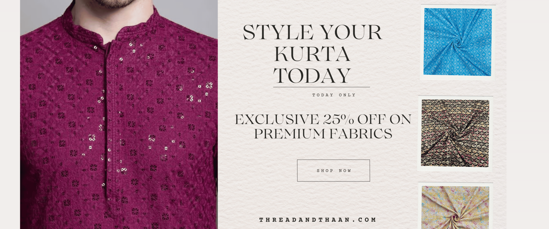 Men’s kurta fabric displayed with intricate embroidery and premium texture, promoted for styling and purchase.